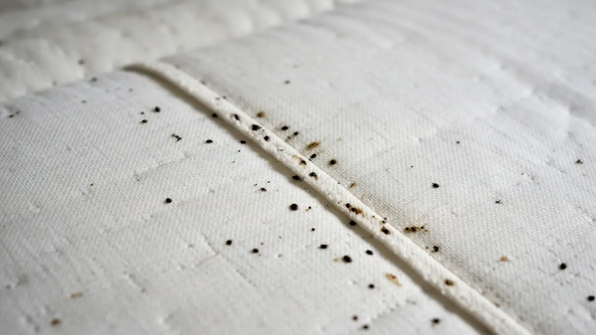 Des taches indiquant excrément punaise de lit le long d'une couture sur tissu blanc