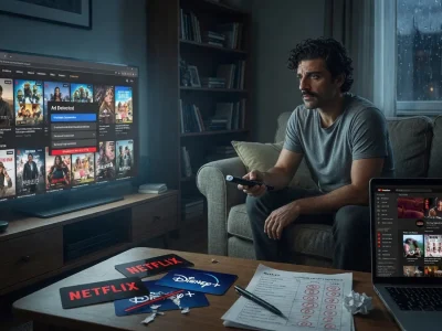 Un homme dans son salon regarde un site pour streaming film sur sa télévision