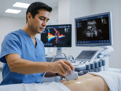 Un médecin réalise une échographie abdominale sur un patient allongé