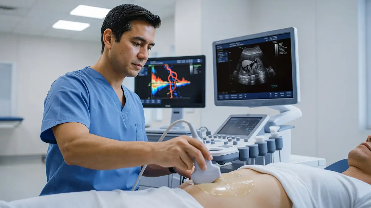 Un médecin réalise une échographie abdominale sur un patient allongé