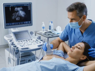 Un médecin réalise une échographie mammaire sur une patiente allongée.