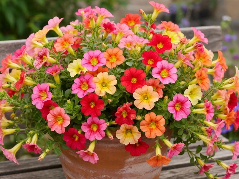 Un pot débordant de calibrachoa aux couleurs vives sur un banc en bois