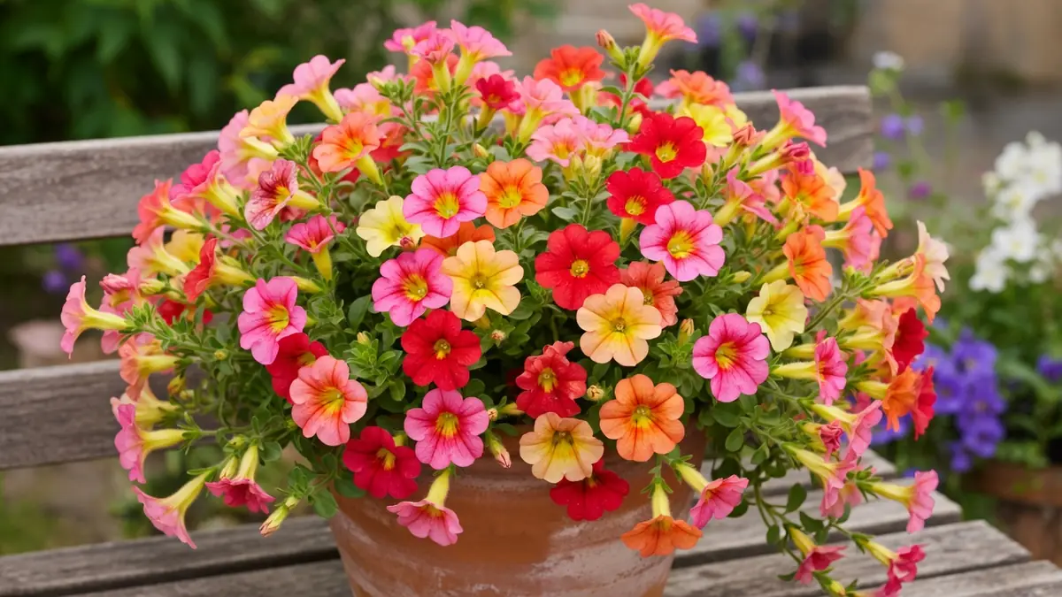 Un pot débordant de calibrachoa aux couleurs vives sur un banc en bois