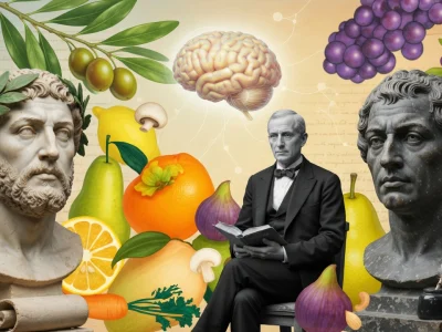 L'illustration mêle bustes anciens, cerveau et fruits frais pour incarner un esprit sain dans un corps sain