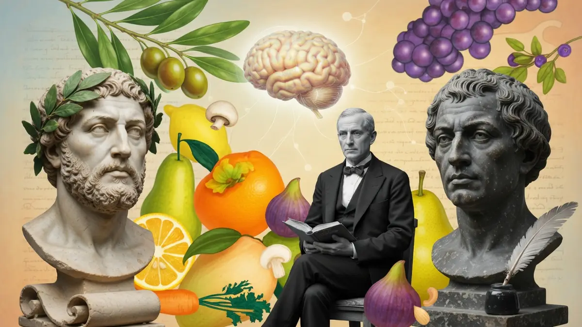 L'illustration mêle bustes anciens, cerveau et fruits frais pour incarner un esprit sain dans un corps sain