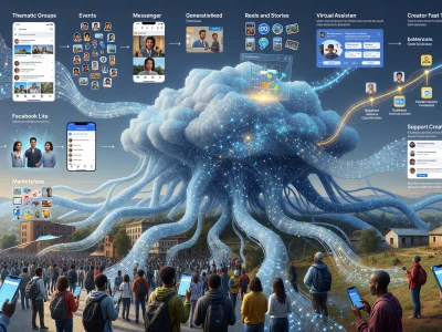 People with smartphones gather around a vast glowing cloud-like structure of the Facebook application