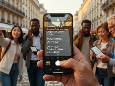 Des touristes dans une rue parisienne utilisent Google Traduction translate sur leur téléphone