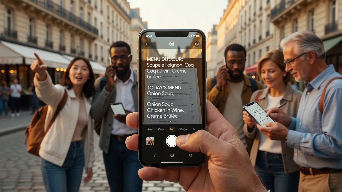 Des touristes dans une rue parisienne utilisent Google Traduction translate sur leur téléphone