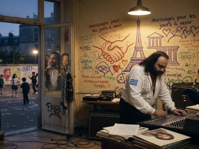 Demis Roussos on écrit sur les murs joue du clavier près d'une porte ouverte sur la rue