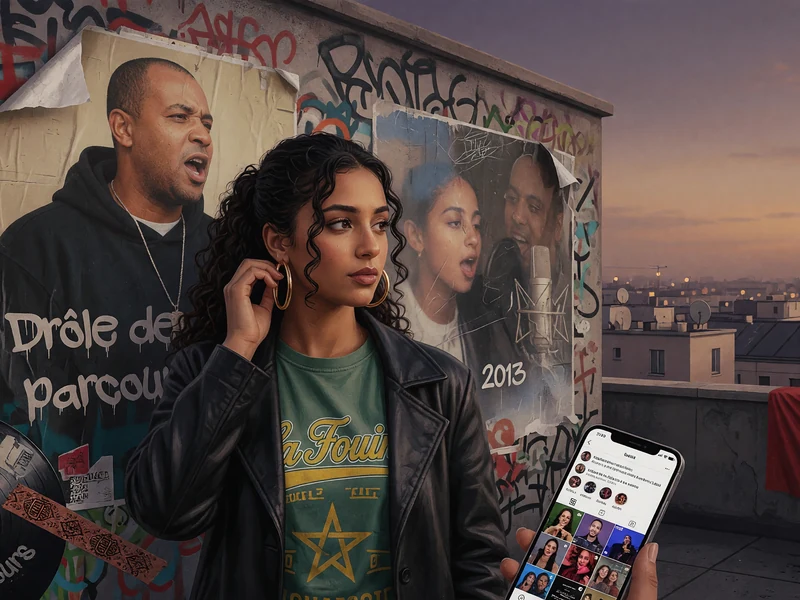 Fatima Mouhid tient un smartphone sur un toit avec vue sur Paris au crépuscule