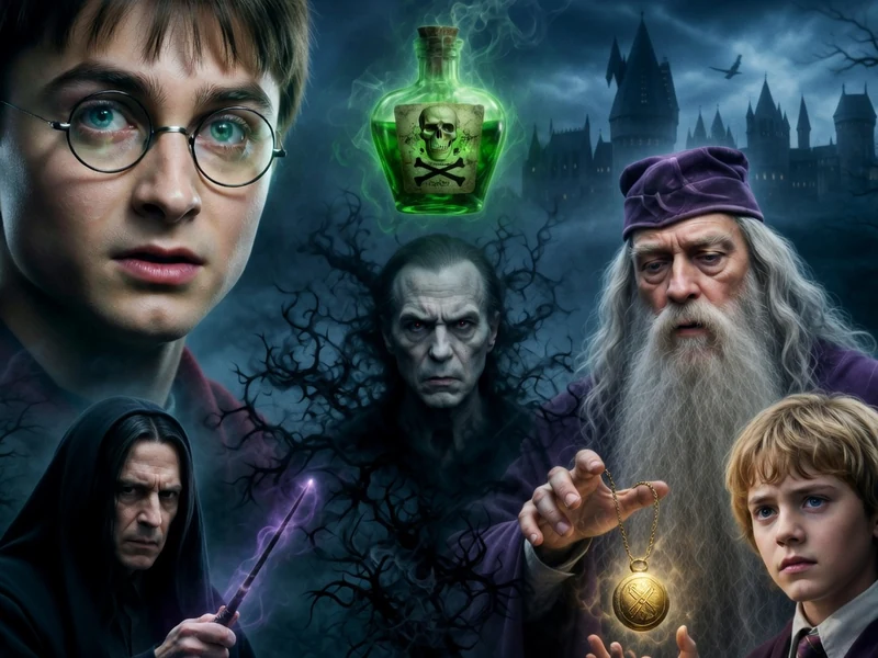 Les protagonistes de harry Potter et le Prince de sang-mêlé se détachent sur un fond de château hanté