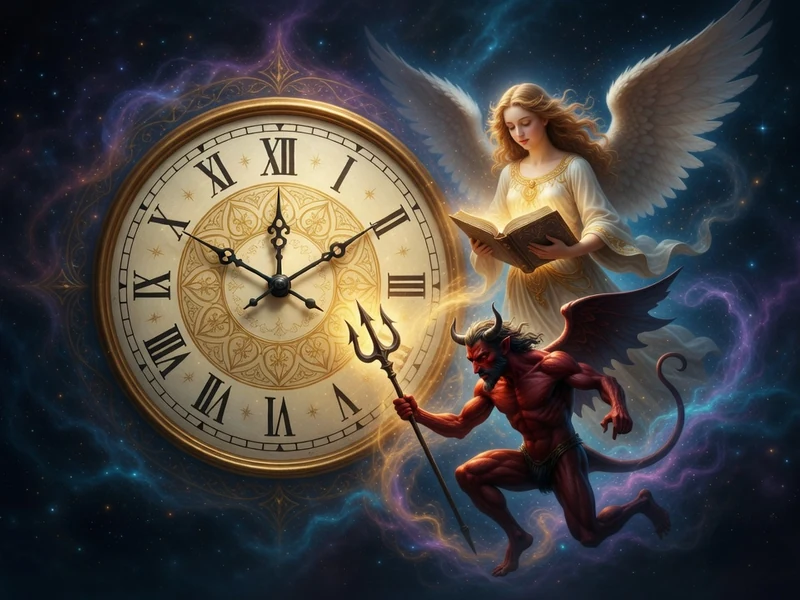 Une horloge cosmique indique 15h15 avec un ange et un diable sur fond étoilé.