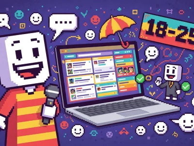 Illustration en style pixel art représentant un personnage souriant devant un ordinateur pour évoquer le forum 1825