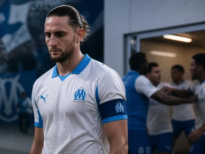 Adrien Rabiot Olympique de Marseille portant le maillot blanc du club lors de son arrivée dans les vestiaires
