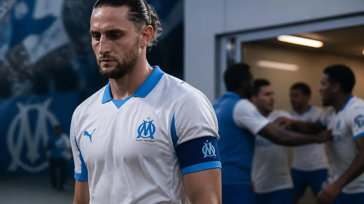 Adrien Rabiot Olympique de Marseille portant le maillot blanc du club lors de son arrivée dans les vestiaires