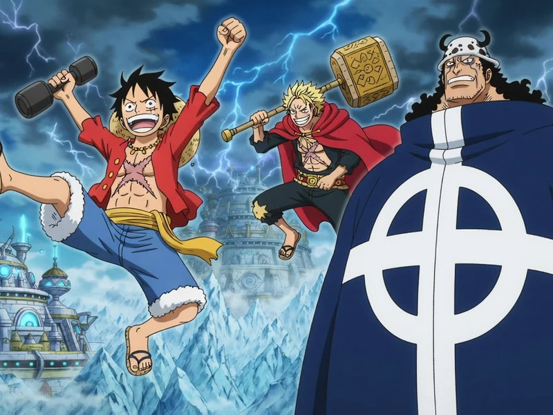 Luffy bondit joyeusement avec ses alliés sous un ciel d'orage dans One Piece 1155 vostfr