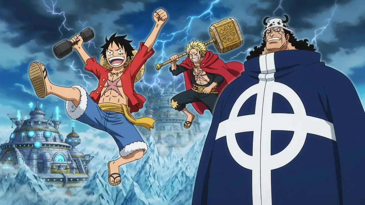Luffy bondit joyeusement avec ses alliés sous un ciel d'orage dans One Piece 1155 vostfr