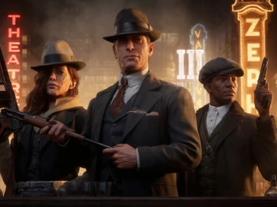 Des personnages armés de red Dead Redemption 3 se tiennent dans une rue brumeuse la nuit