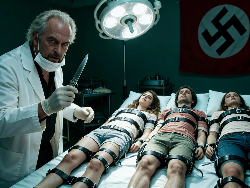 La scène du centipède film représente un médecin avec un scalpel et trois patients connectés