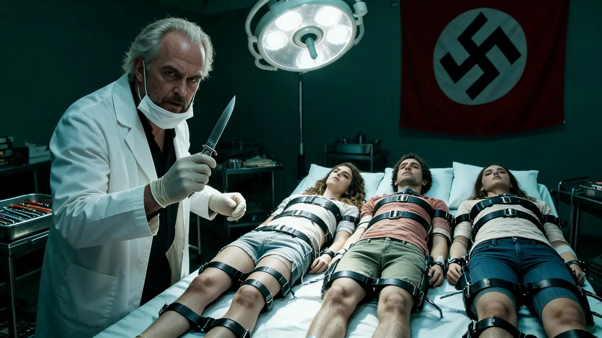 La scène du centipède film représente un médecin avec un scalpel et trois patients connectés