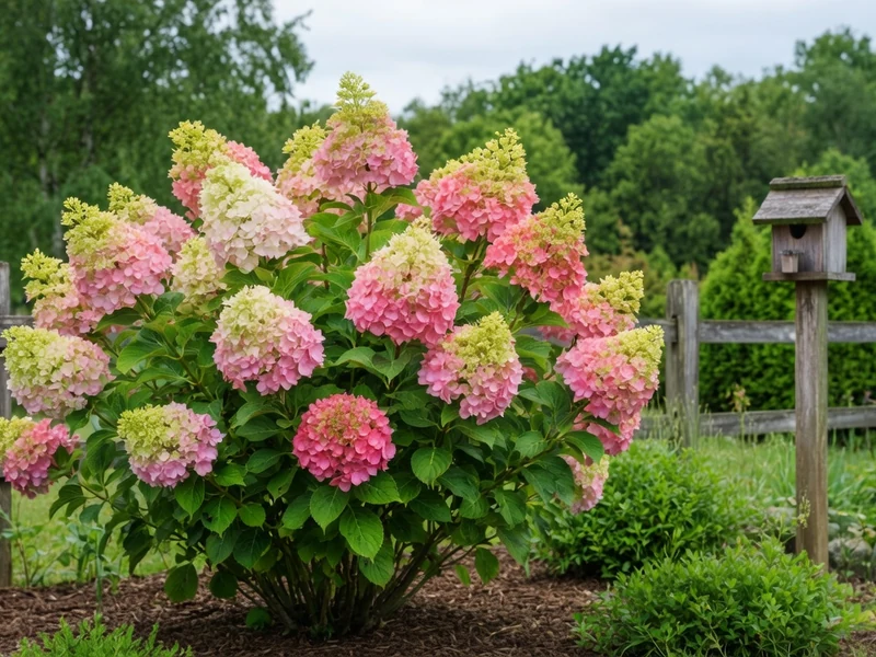 Un magnifique hortensia Vanille Fraise aux fleurs bicolores dans un jardin près d'une clôture en bois