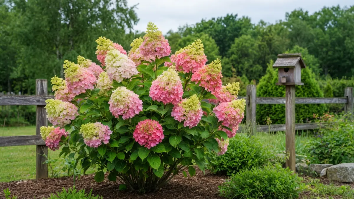 Un magnifique hortensia Vanille Fraise aux fleurs bicolores dans un jardin près d'une clôture en bois