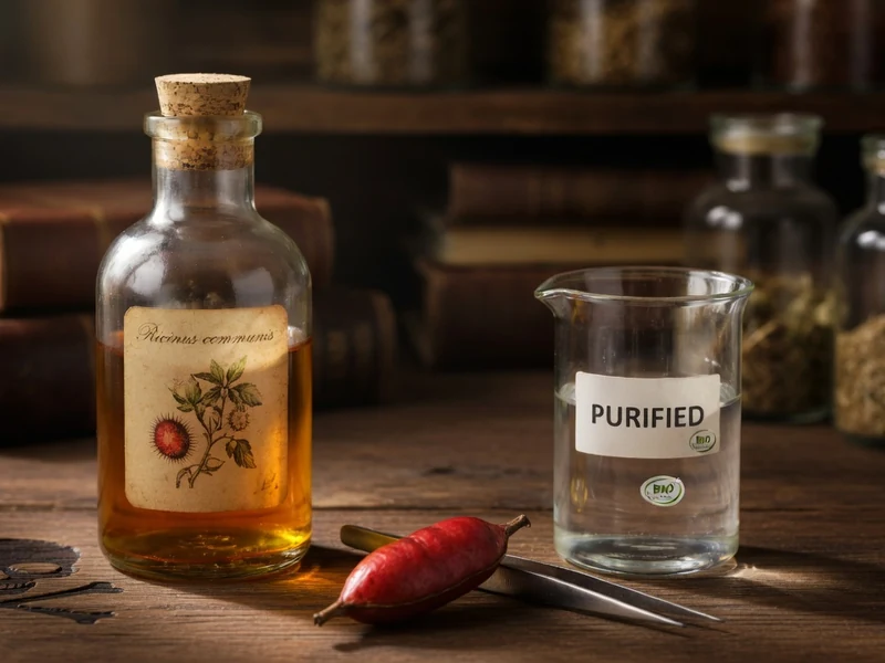 Une bouteille d'huile de ricin comestible repose sur une table en bois près d'un bécher et d'une gousse rouge