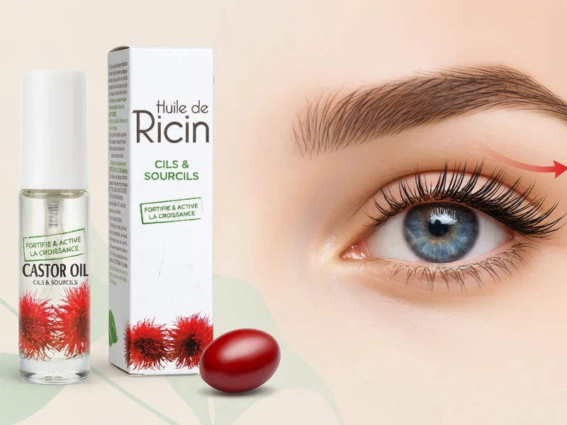 Un flacon et une capsule accompagnent un œil avec flèche illustrant huile de ricin cils
