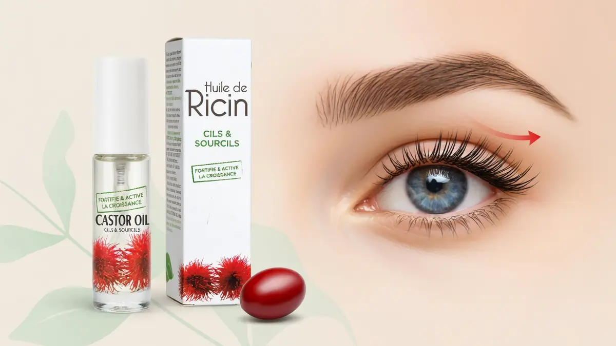 Un flacon et une capsule accompagnent un œil avec flèche illustrant huile de ricin cils