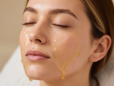 Une femme aux yeux fermés avec de l'huile de ricin sur le visage en soin relaxant