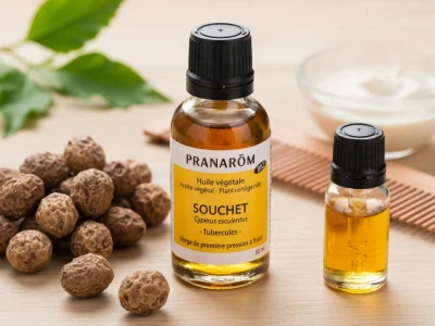 Des bouteilles d'huile de souchet entourées de tubercules bruns, feuilles et peigne en bois
