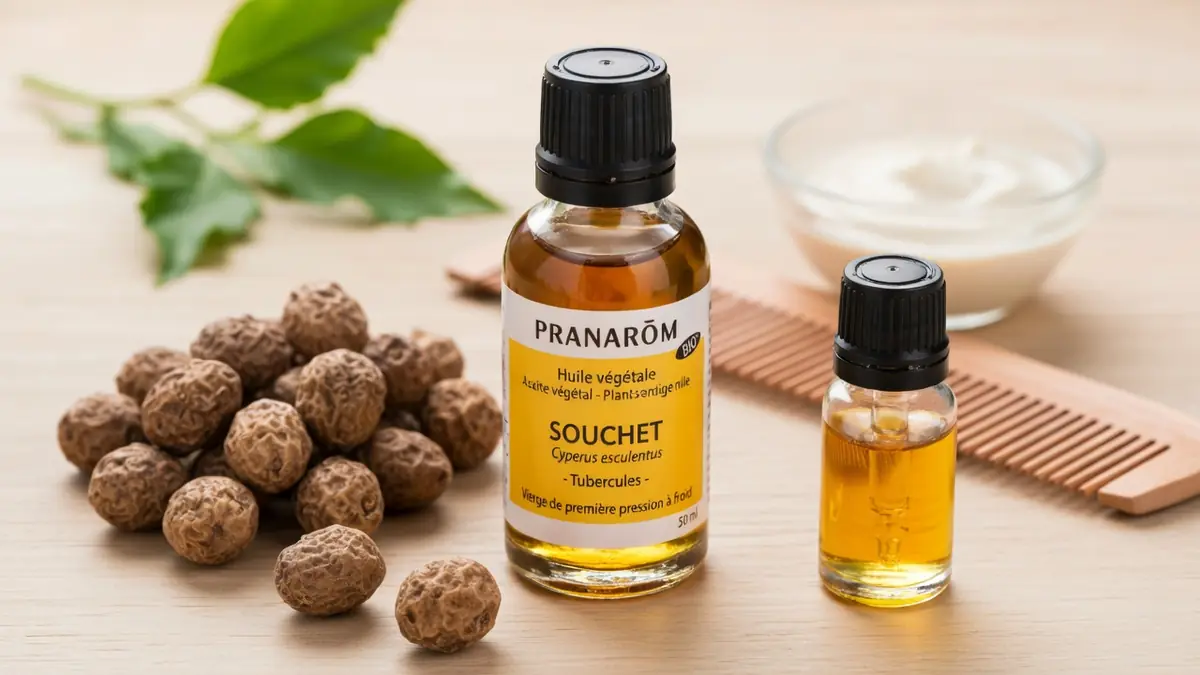 Des bouteilles d'huile de souchet entourées de tubercules bruns, feuilles et peigne en bois