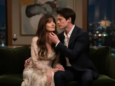 Un couple romantique est assis sur un canapé, illustrant l'idée d'être avec toi dans un cadre élégant et intime