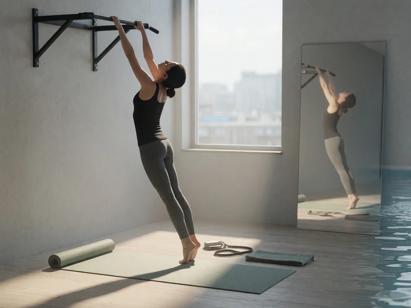 Une femme pratique des étirements pour grandir en s'étirant vers une barre devant un miroir