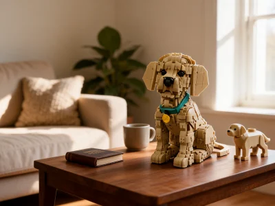 Un chiot Golden Retriever Lego et sa version miniature reposent sur une table basse de salon