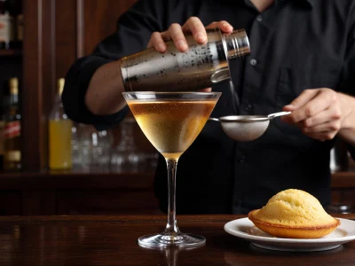 Un barman verse le cocktail Madeleine dans un verre à côté d'une madeleine