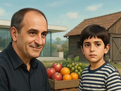 Alain Cohen apparaît adulte et enfant près d'une caisse de fruits dans la campagne
