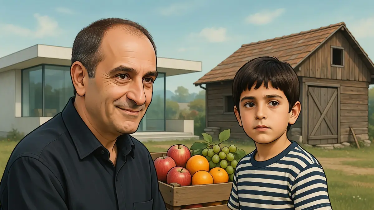Alain Cohen apparaît adulte et enfant près d'une caisse de fruits dans la campagne