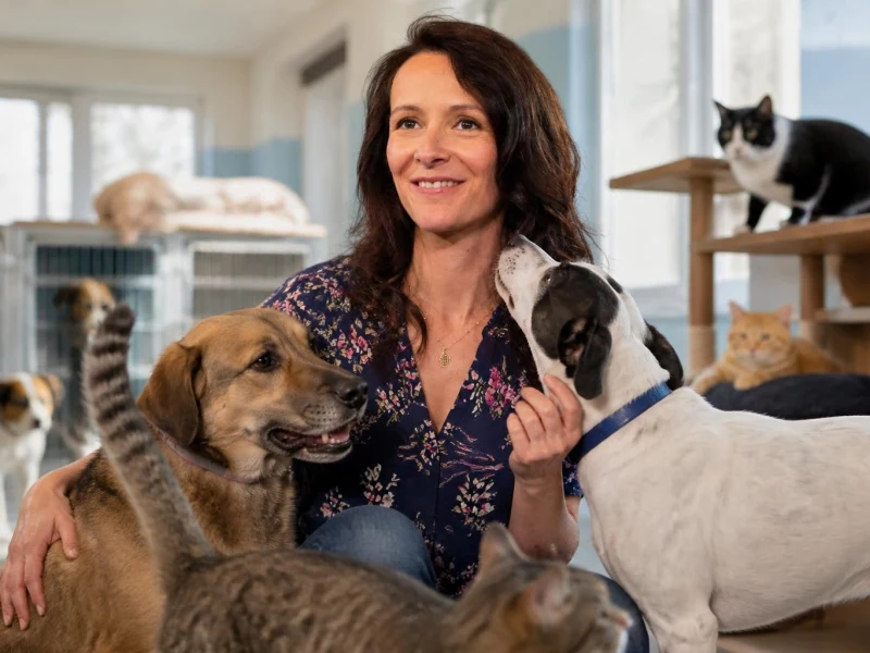 La candidate Morgane N'oubliez pas les paroles entourée de chiens et de chats dans un refuge animalier