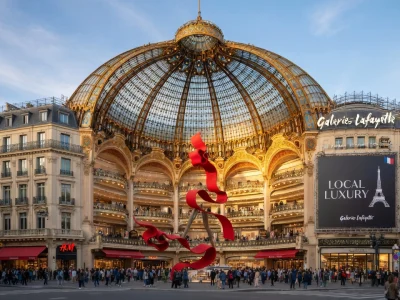 L'extérieur des galeries Lafayette Haussmann avec son dôme vitré et sculpture rouge