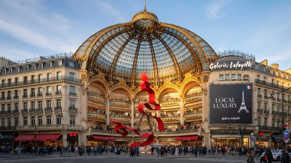 L'extérieur des galeries Lafayette Haussmann avec son dôme vitré et sculpture rouge
