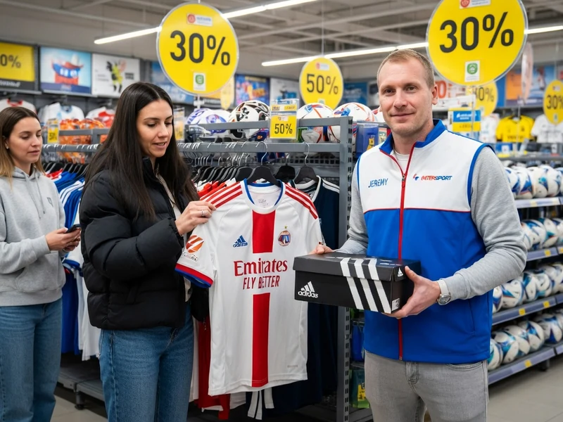 Jeremy Mathieu Intersport pose avec deux femmes dans un magasin de sport