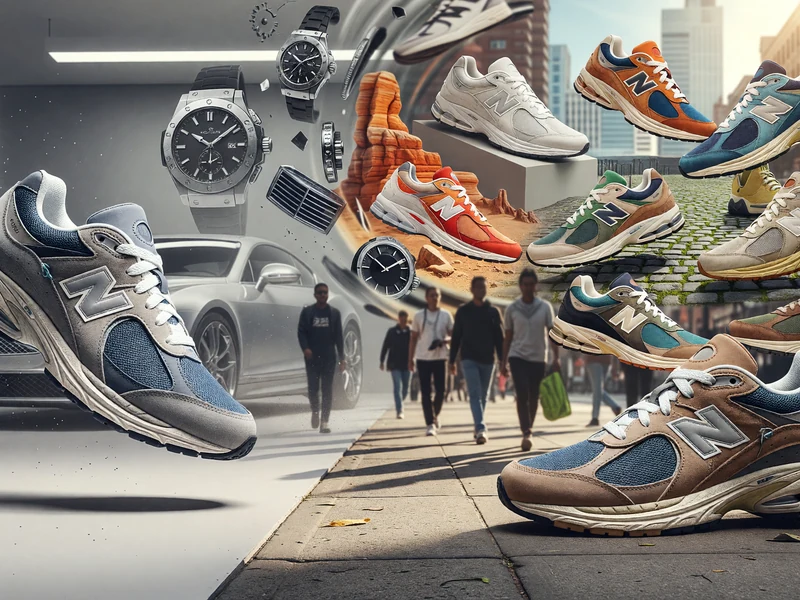 Des sneakers New Balance 2002R multicolores flottent dans un décor urbain animé