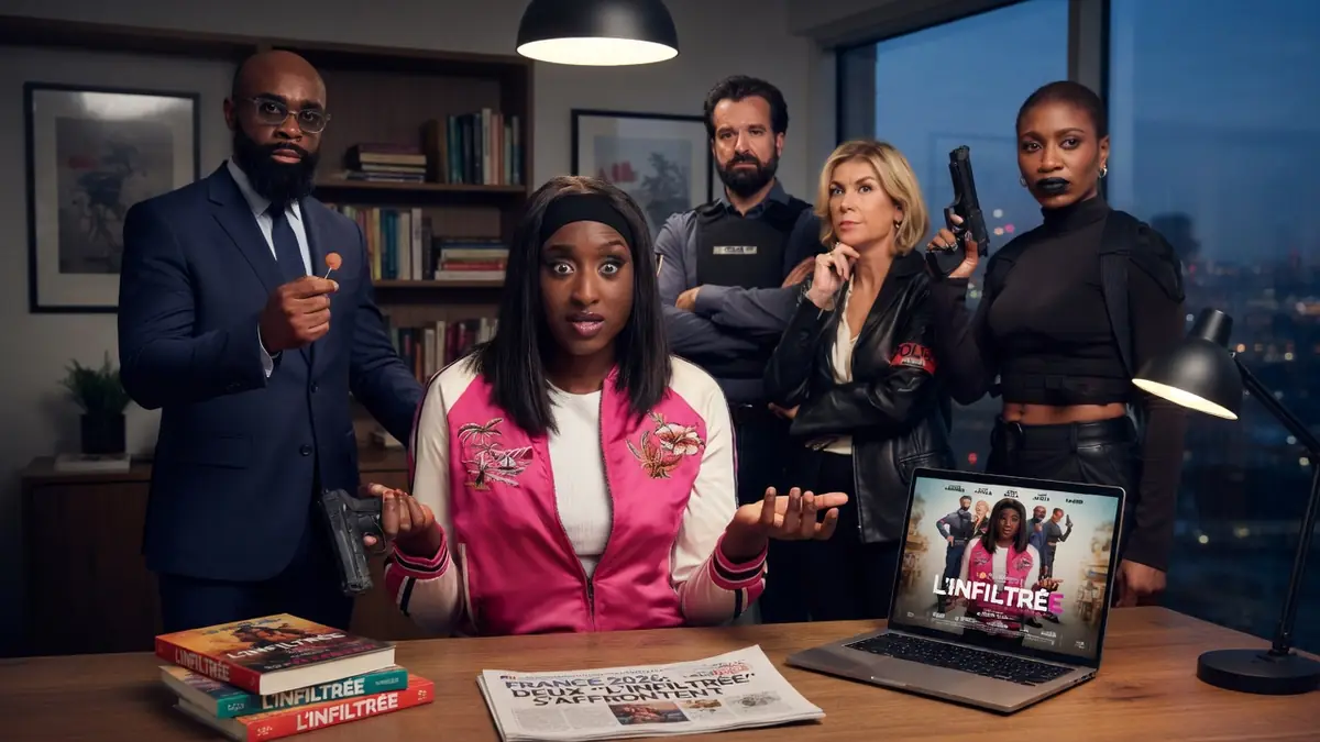 Un groupe d'acteurs pose en studio pour incarner les personnages de L'Infiltrée