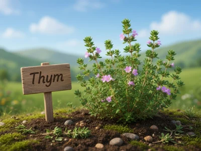 Un plant de thym fleuri dans un paysage champêtre pour infusion thym