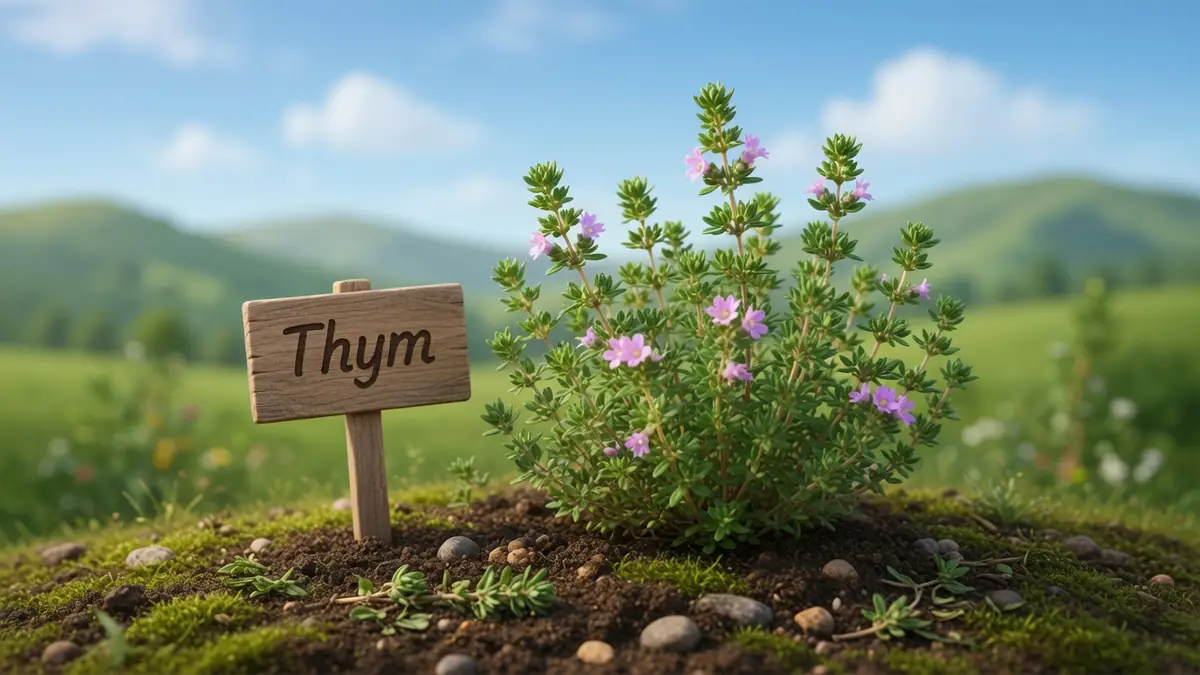 Un plant de thym fleuri dans un paysage champêtre pour infusion thym