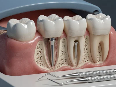 Représentation 3D de dents avec inlay core dans les racines