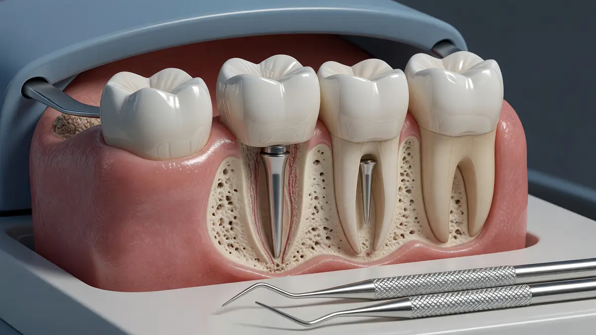 Représentation 3D de dents avec inlay core dans les racines