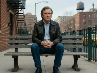 Harvey Keitel est assis sur un banc en bois dans une rue de New York