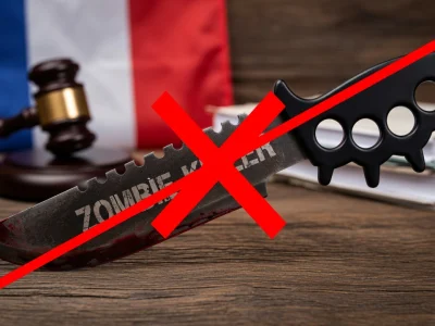 Un couteau noir barré d'une croix rouge illustre l'interdiction des couteaux Zombie